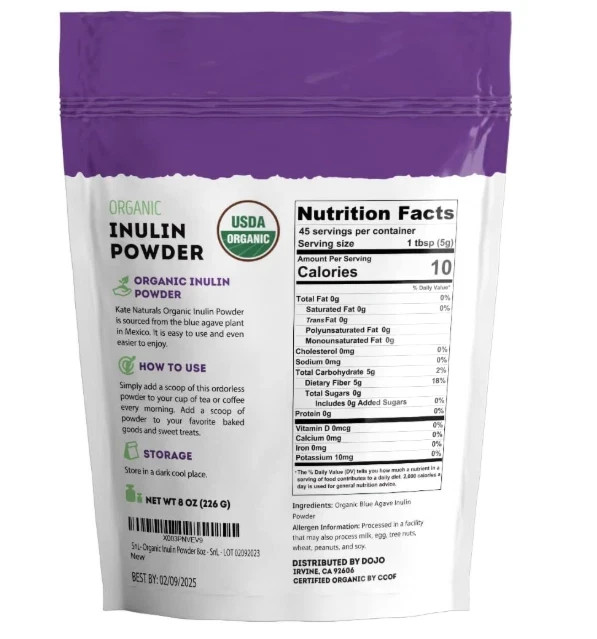 Inulin Powder Organic for Prebiotic Fiber and Gut Health. Mix Well with Coffee &