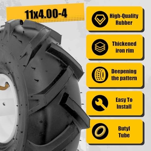 MZREXN 11×4.00-4″ Tiller Tire and Wheel 2 Pack, 3/4″ Axle Size | 3-1/8″ Offset H