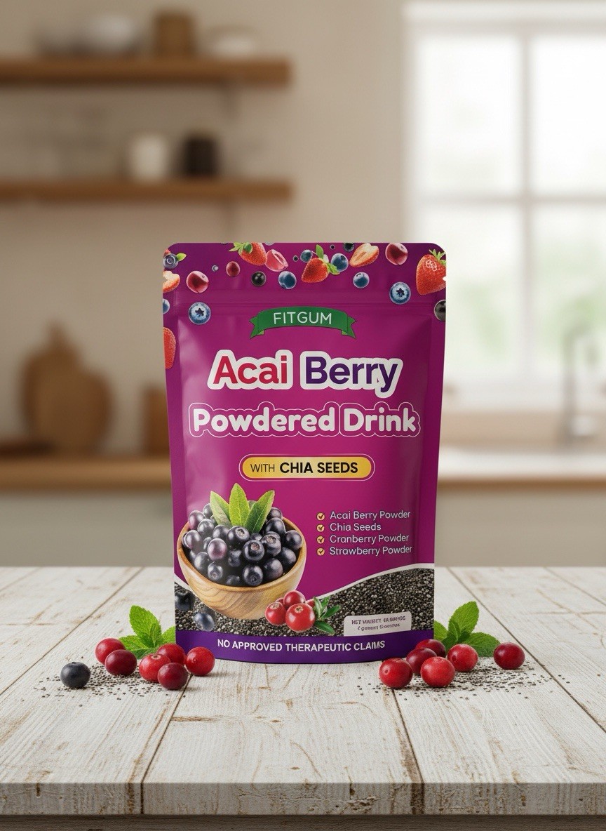 3 Packs FITGUM Acai Berry Drink Powder w/ Chia & Collagen – 10 Sachets Each