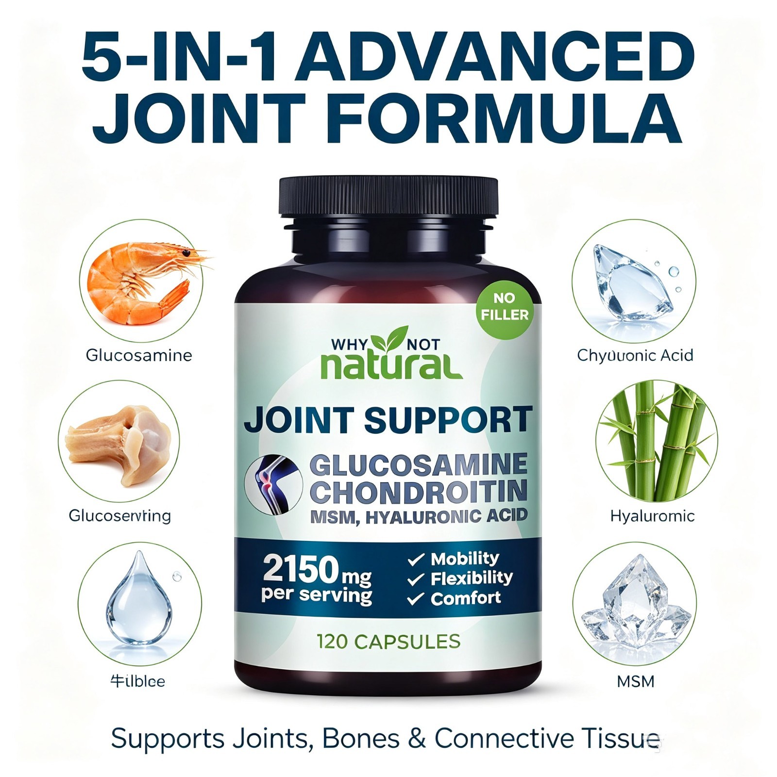 Glucosamine Chondroitin MSM Bamboo Silica Joint Bone Health Support 120ct
