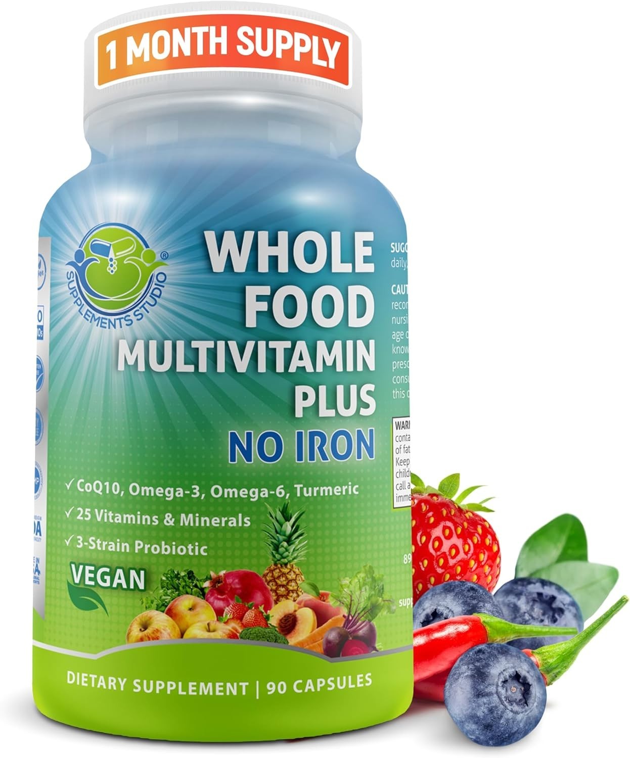 Vegan Whole Food Multivitamin No Iron Methylated B-Complex Probiotics 90 Count
