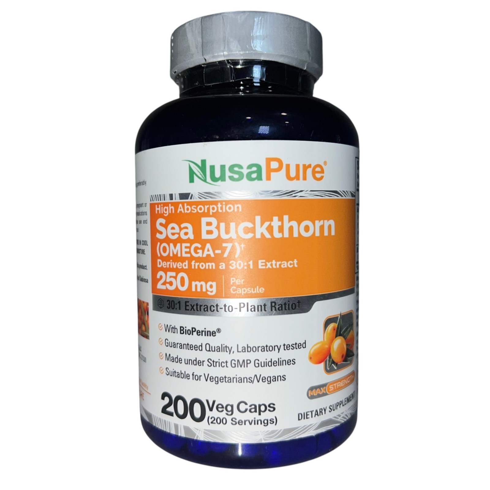 Sea Buckthorn Omega‑7 7500mg Veggie Powder Caps 200 Count Skin Digestive NEW