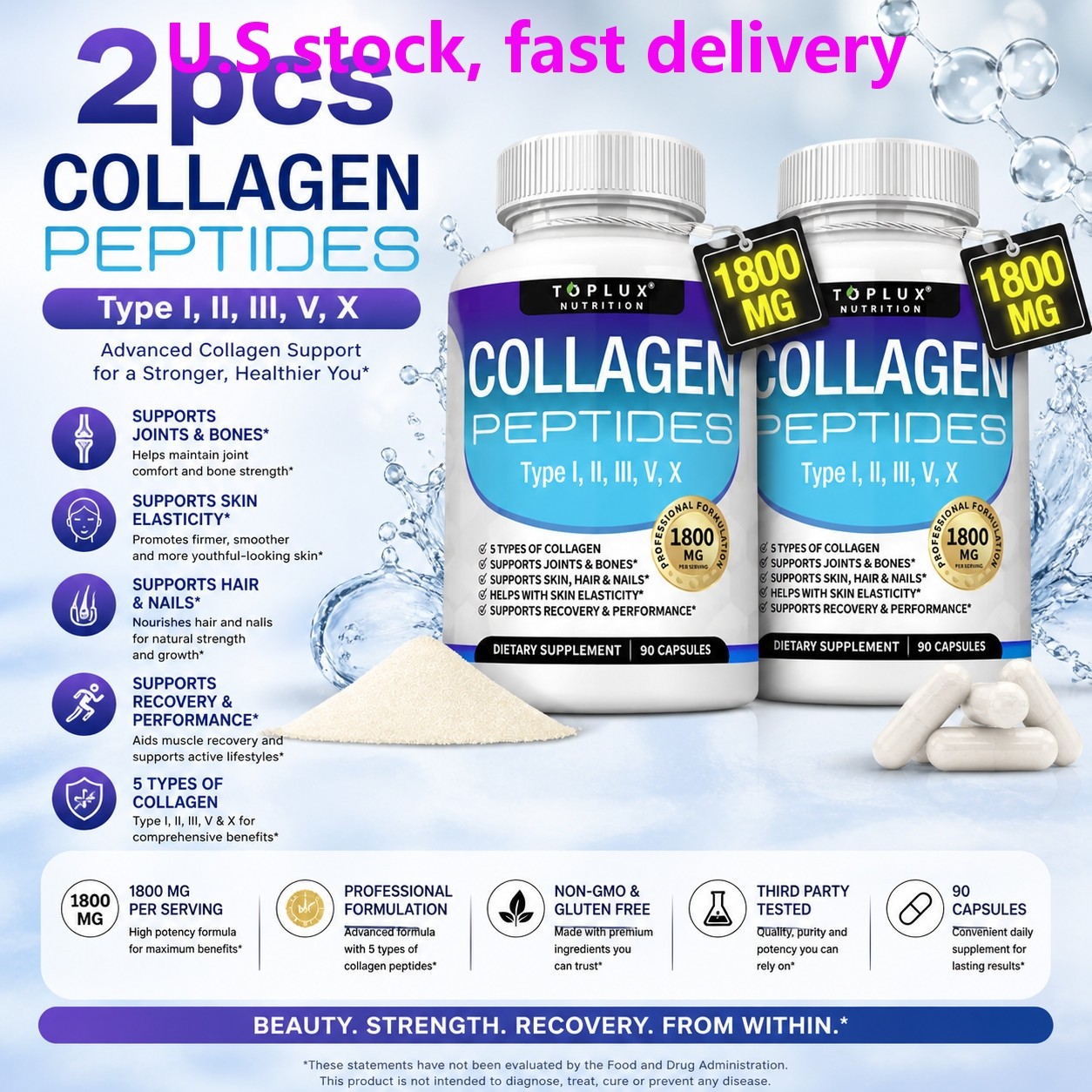 Toplux Multi Collagen Peptides 1800mg Types I II III V X 180 Capsules–