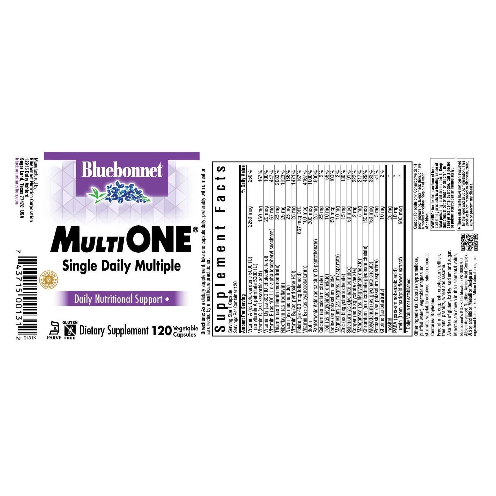 Bluebonnet Multi One (With Iron) 120 Vegetable Caps, Daily Nutritional Support