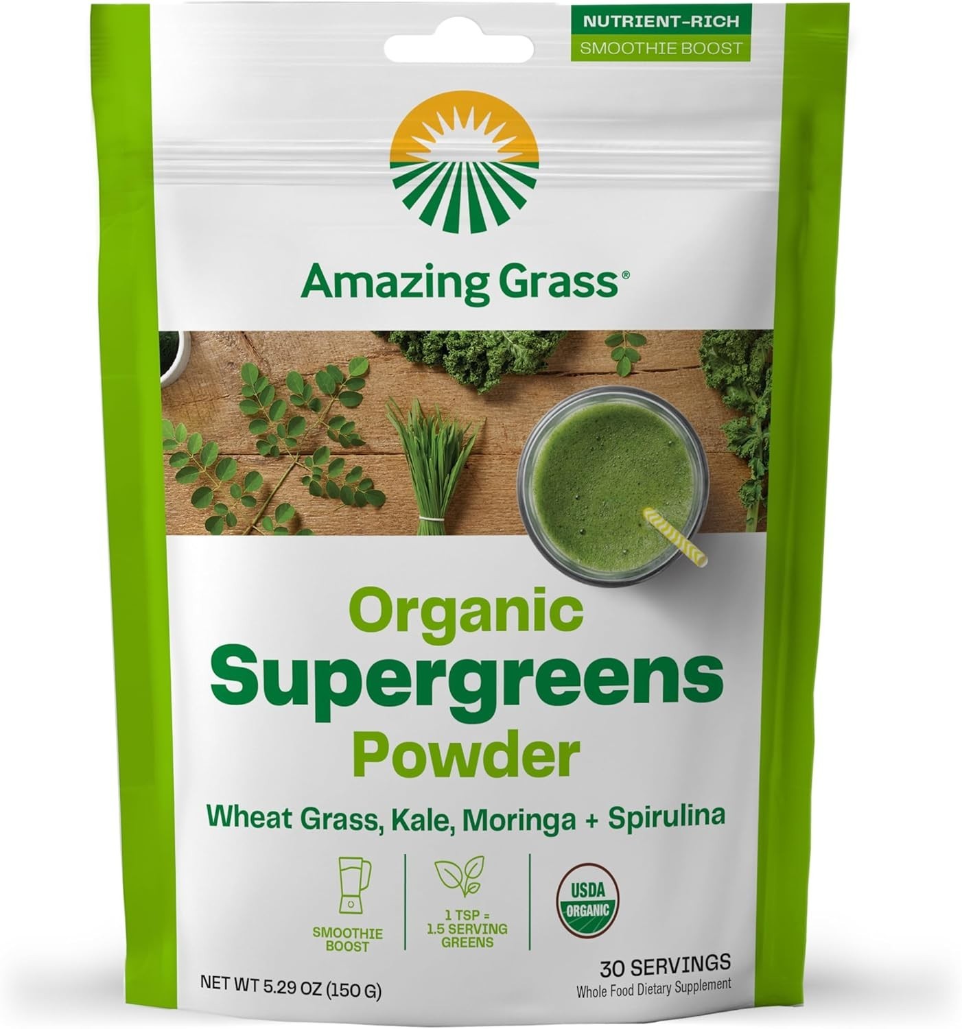 Nutrient-Packed Greens Powder with Spirulina & Wheat Grass – 5.29 Oz Canister