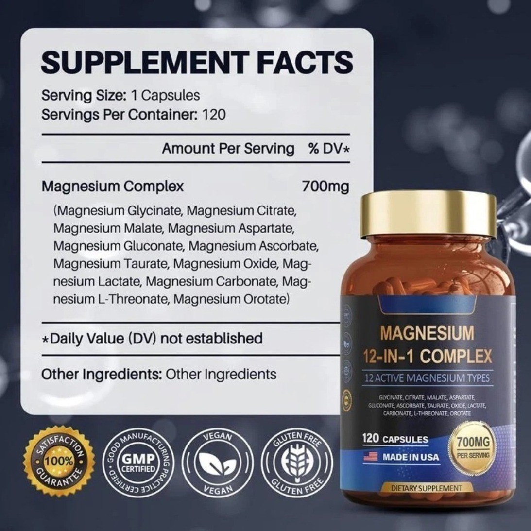 12-in-1 Magnesium 700mg Totaria Nature Vegan Nerve Bone Health Supplement 120C