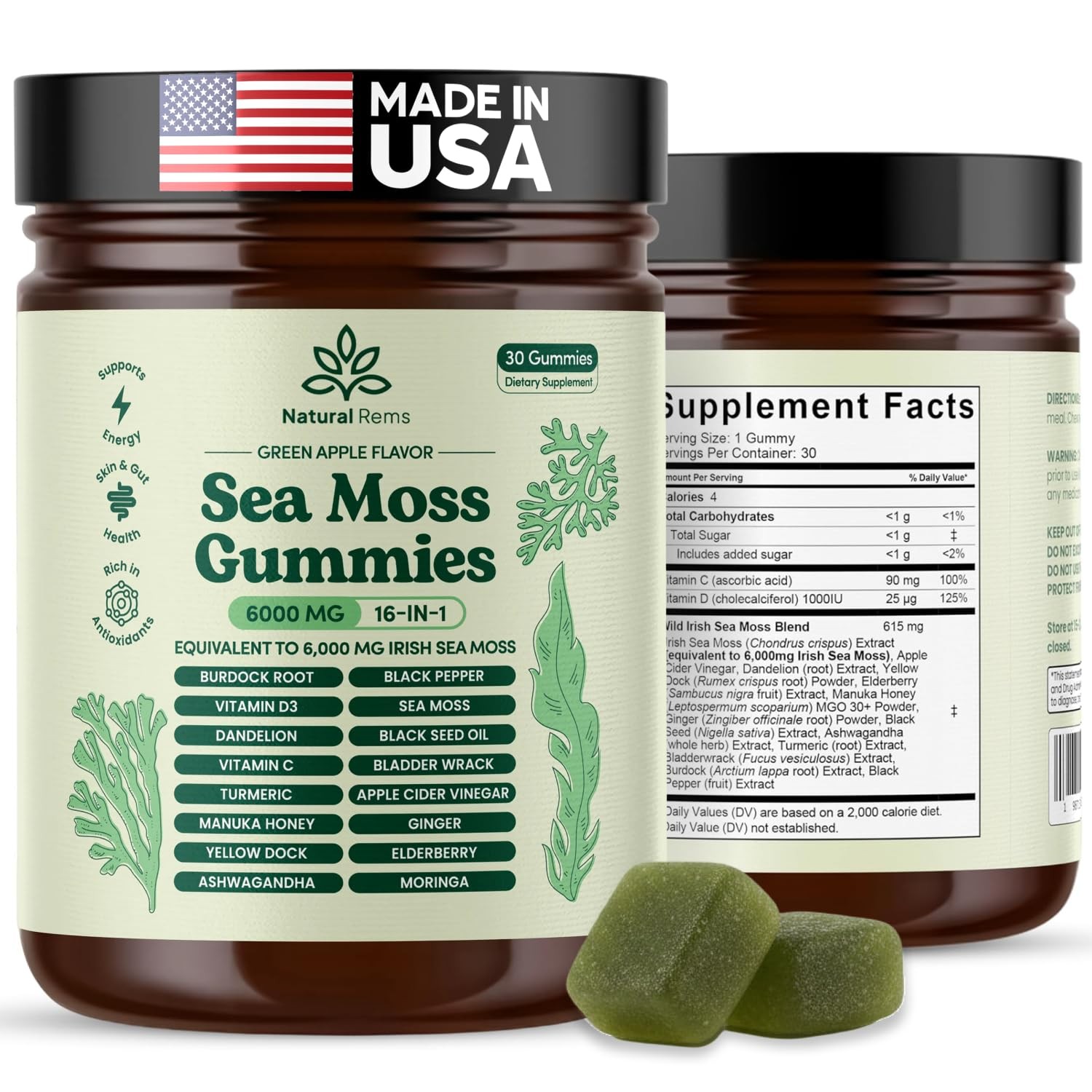 Natural Rems Sea Moss Gummies 16-in-1 – Ashwagandha Black Seed Oil Bladder Wrack