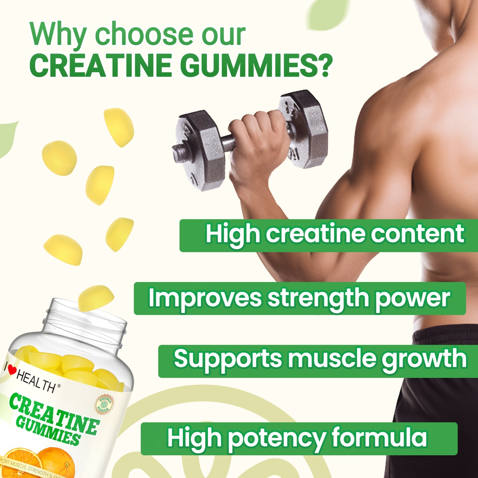 Creatine Monohydrate Gummies 1500mg – Muscle Builder, 120 Count Orange Flavor