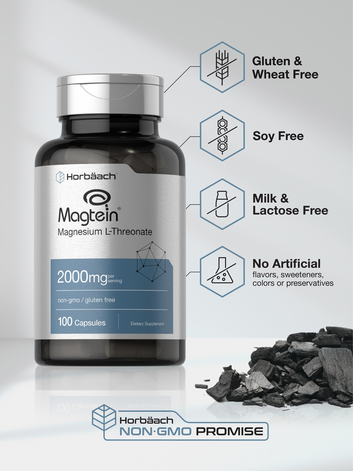 Magnesium L-Threonate | 2000mg | 100 Capsules | Magtein | Non-GMO | by Horbaach