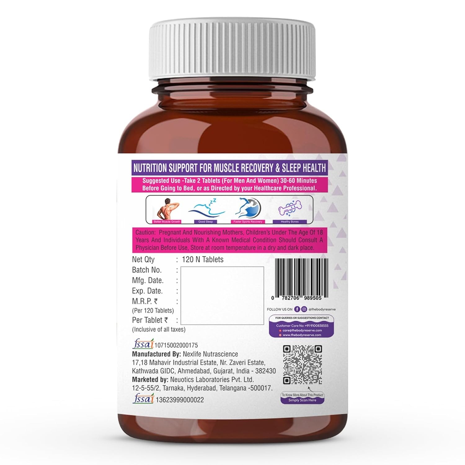 The Body Reserve Magnesium Glycinate 120 Veg Tablets, 2000mg Better Sleep relax