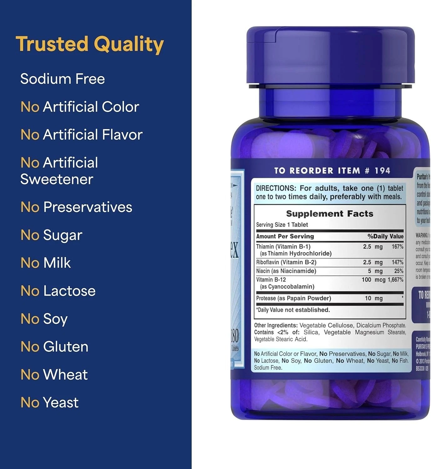 Puritan’s Pride Premium Vitamin B-Complex and 180 Count (Pack of 1)