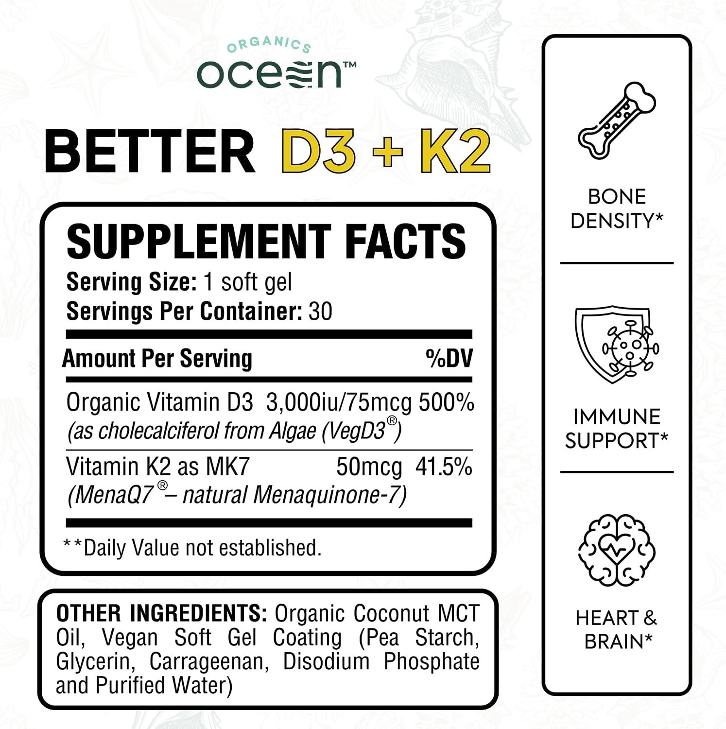 Organics Ocean Better D3 + K2 100% Organic Dietary Suppliment | 30 Softgels