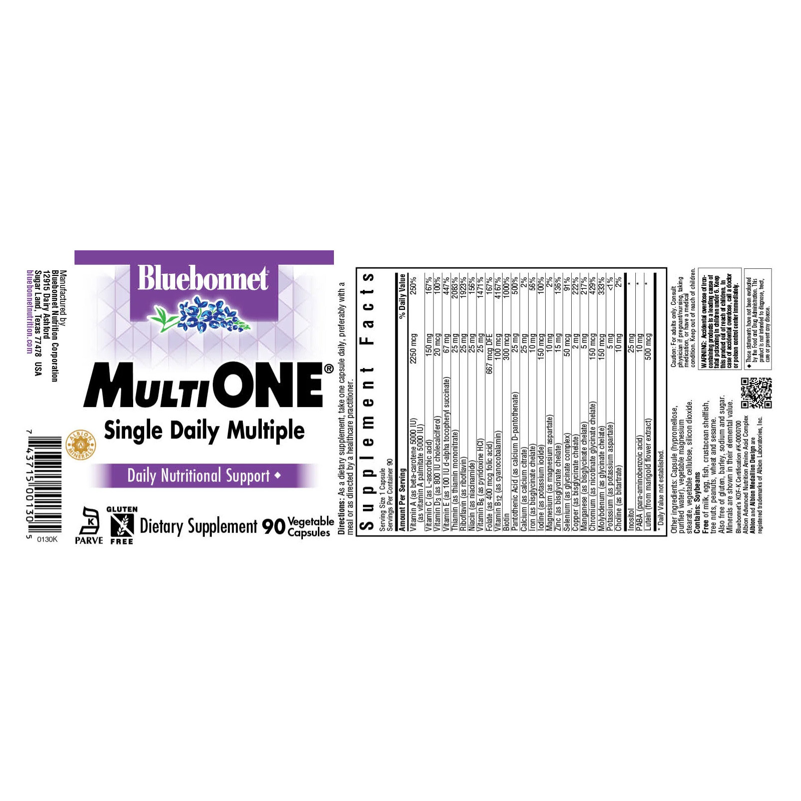 Bluebonnet Multi One (With Iron) 90 Vegetable Capsules, Daily Nutritional Suppor