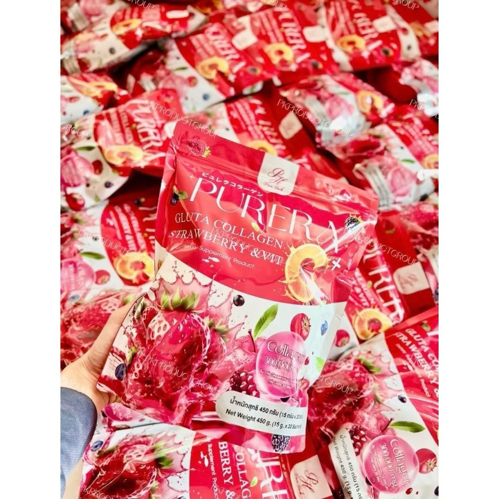 3x Purera Collagen Strawberry Vit C Dietary Powder Drink Nourish Skin 90 Sachets