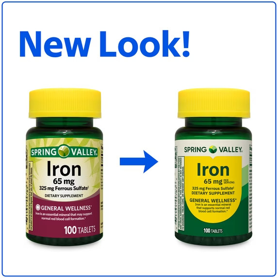 Spring Valley Iron General Wellness Dietary Supplement Tablets, 65 mg, 100 Count