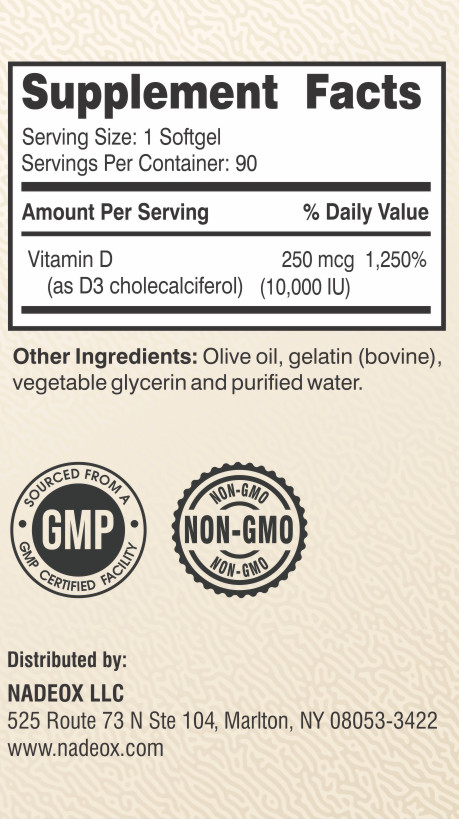 Nadeox Vitamin D3 250 mcg 10,000 IU – 90 Softgels