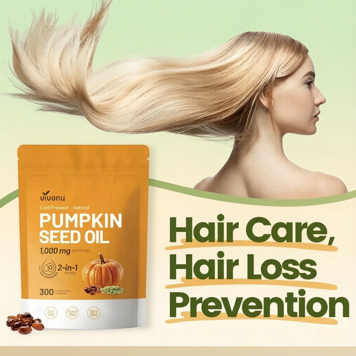 Vivonu 2-in-1 Pumpkin Seed Oil Saw Palmetto 1000mg Hair Prostate Support 300 ct