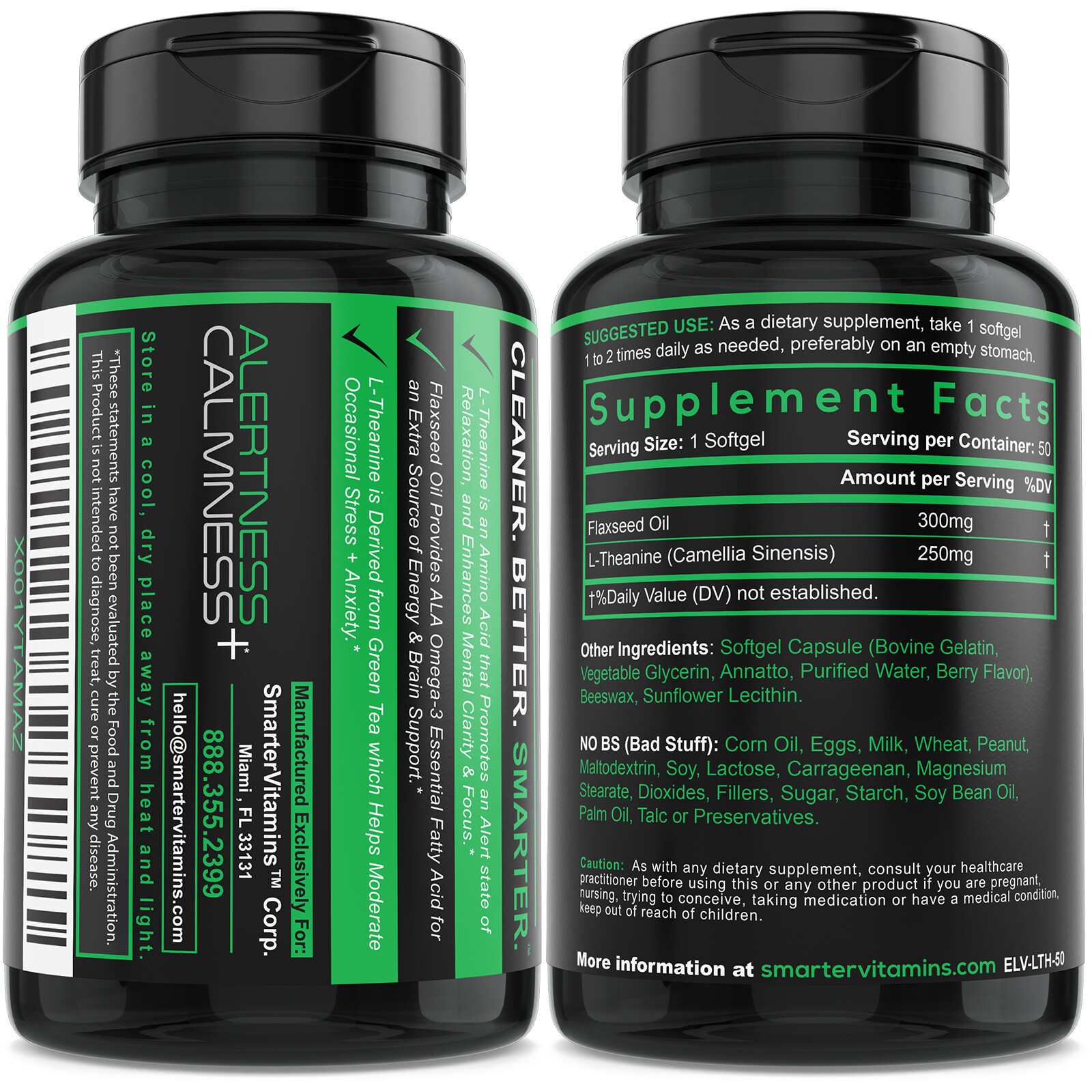 SMARTERVITAMINS – 3 PACK! 250MG L-THEANINE Natural Calming Alertness + Advanced