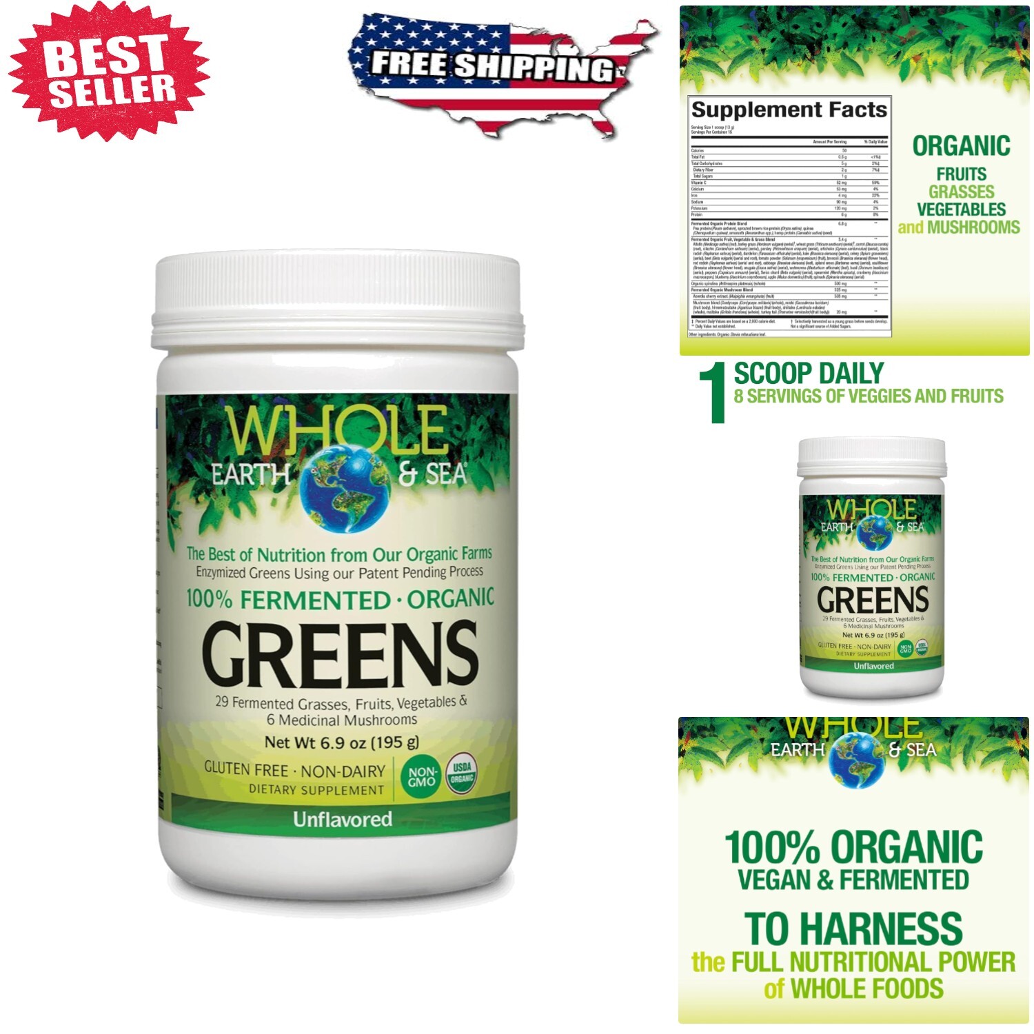 Whole Food Supplement: Whole Earth & Sea Organic Fermented Greens 6.9 Oz