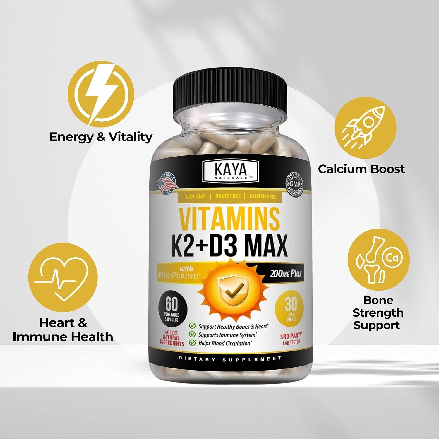 Kaya Naturals | Vitamin K2 + D3 | 60 Capsules | Gluten Free | Non-GMO