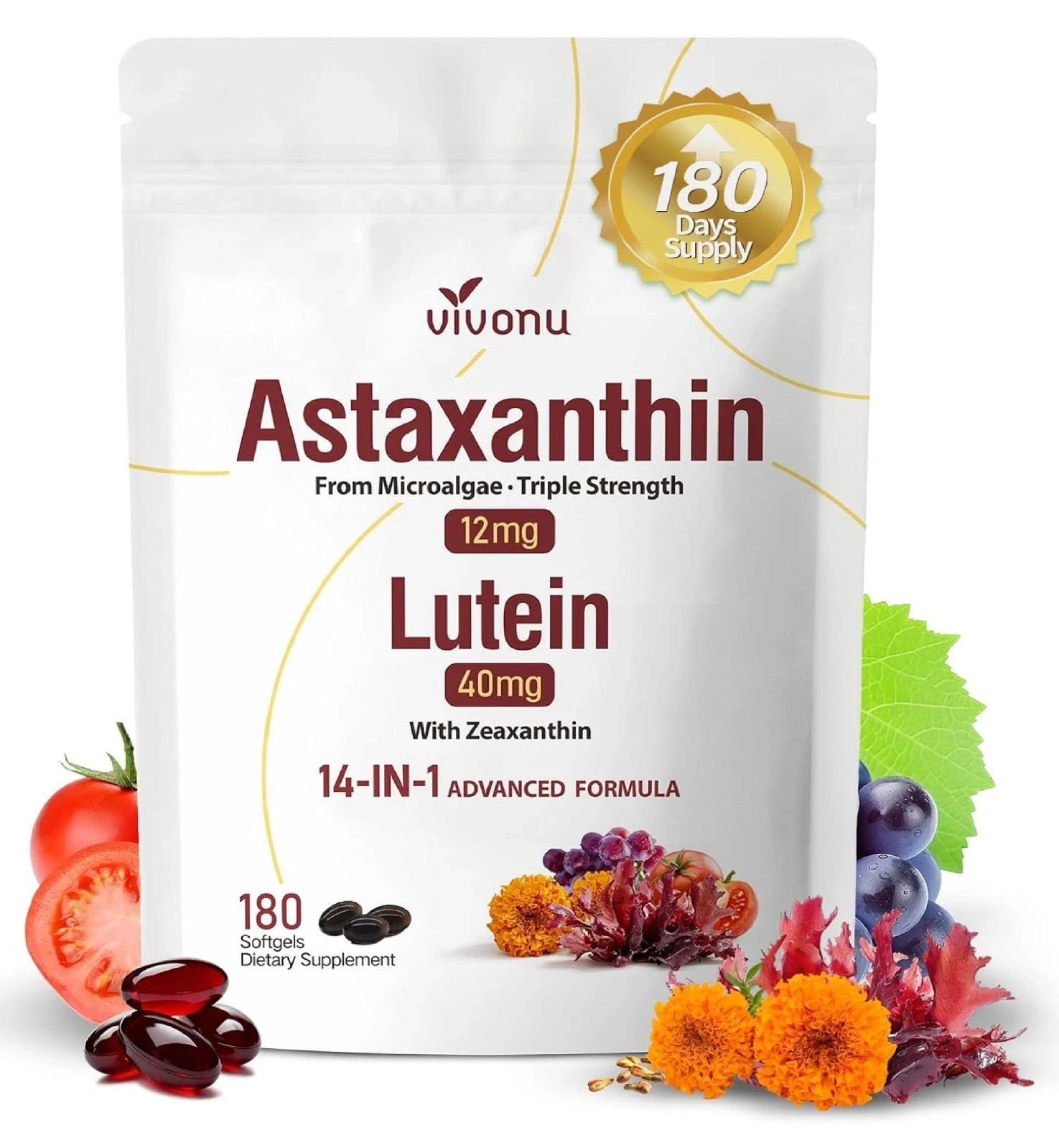 VivoNu 14-in-1 Astaxanthin 12mg & Lutein 40mg with Zeaxanthin Supplements, 6 Mon