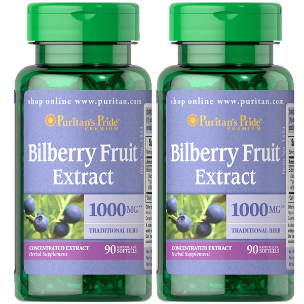 Puritan Bilberry 4:1 Extract 1000 mg Flavonoids/Anti-Oxidants/Eyes 2X90 or 1X180