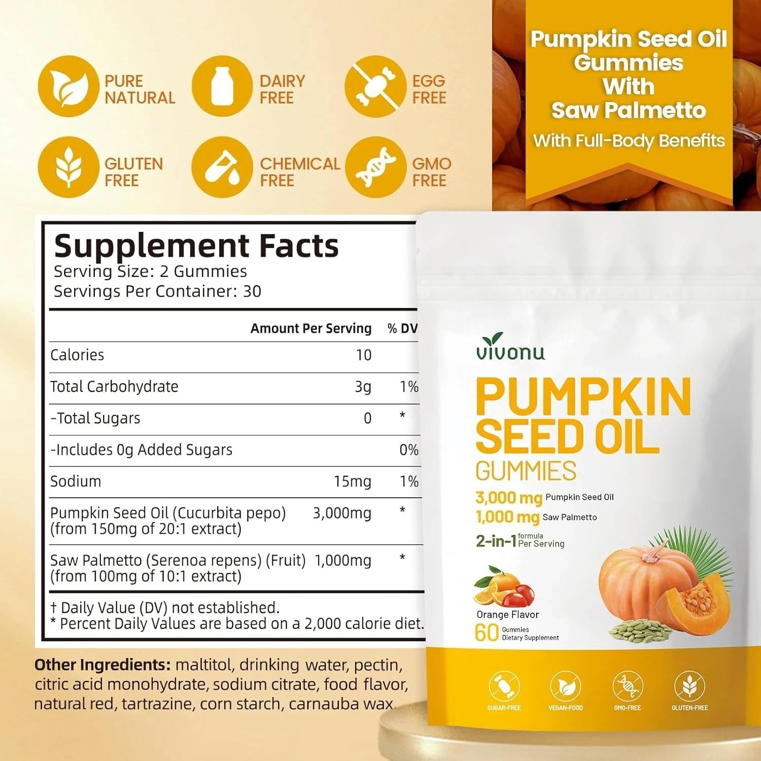 Pumpkin Seed Oil 3000mg with Saw Palmetto 1000mg 60-Gummies.NEW