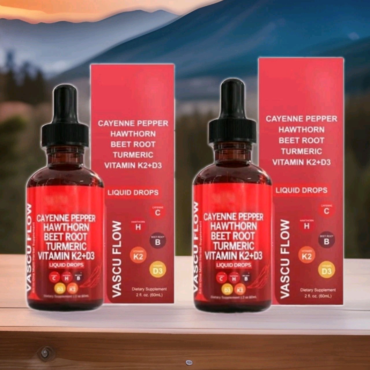 Vascu Flow Drops – 2 Pack | Cayenne, Hawthorn, Beet Root Turmeric Vitamin K2+D3
