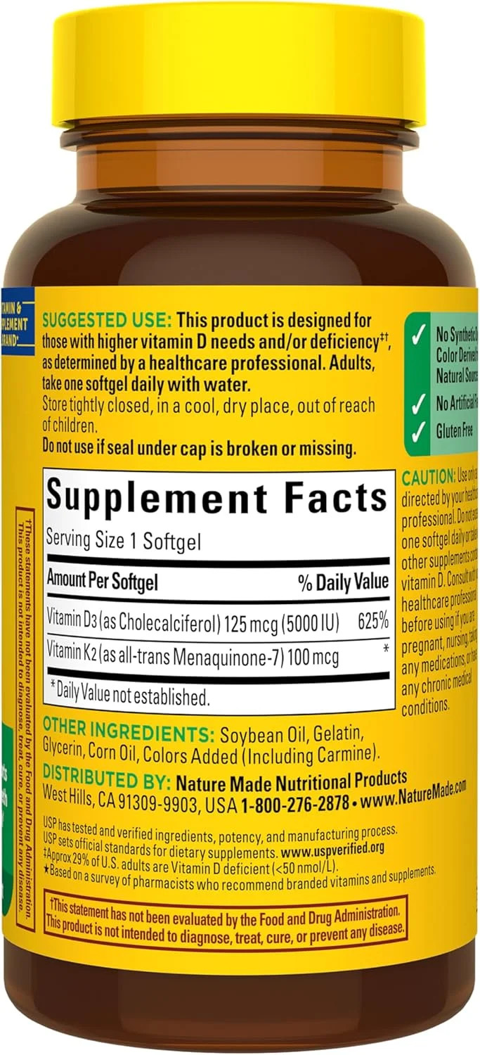 Nature Made Vitamin D3 K2 5000 IU Bone Muscle Immune Support 30 Softgels