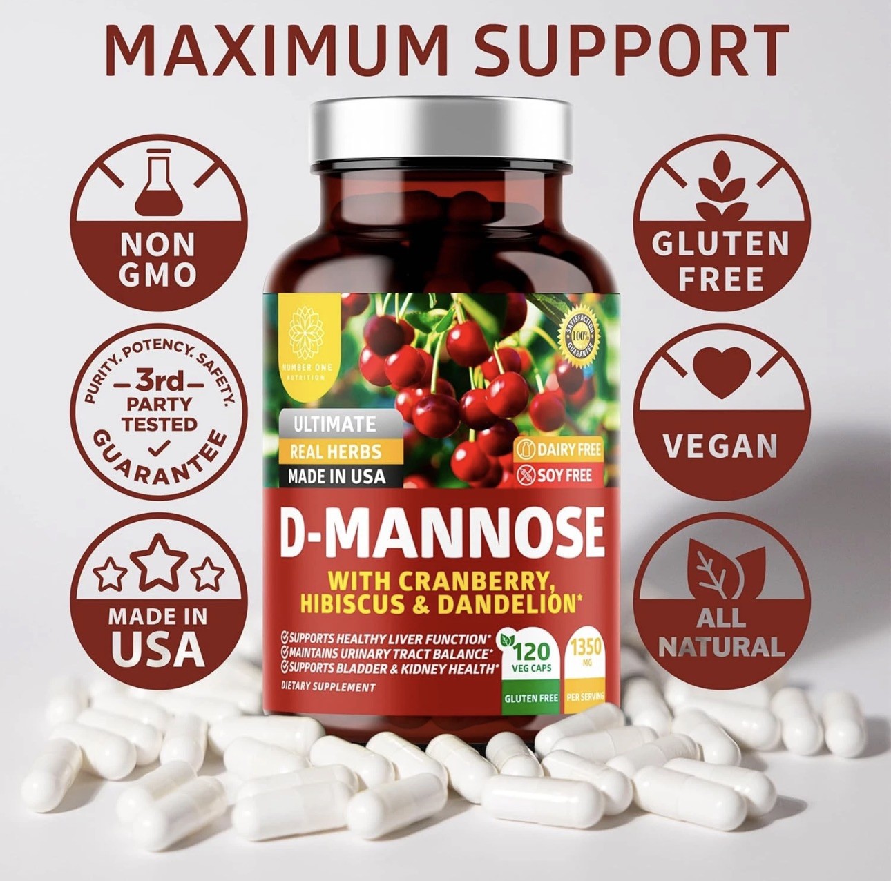 Premium D Mannose with Cranberry and Hibiscus [Max Strength, 1350Mg] 120 Capsule