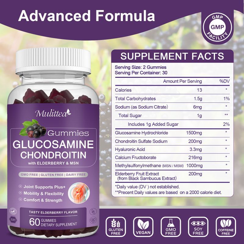 2 Pack Glucosamine Chondroitin Gummies MSM Triple Strength Joint Support 1500mg