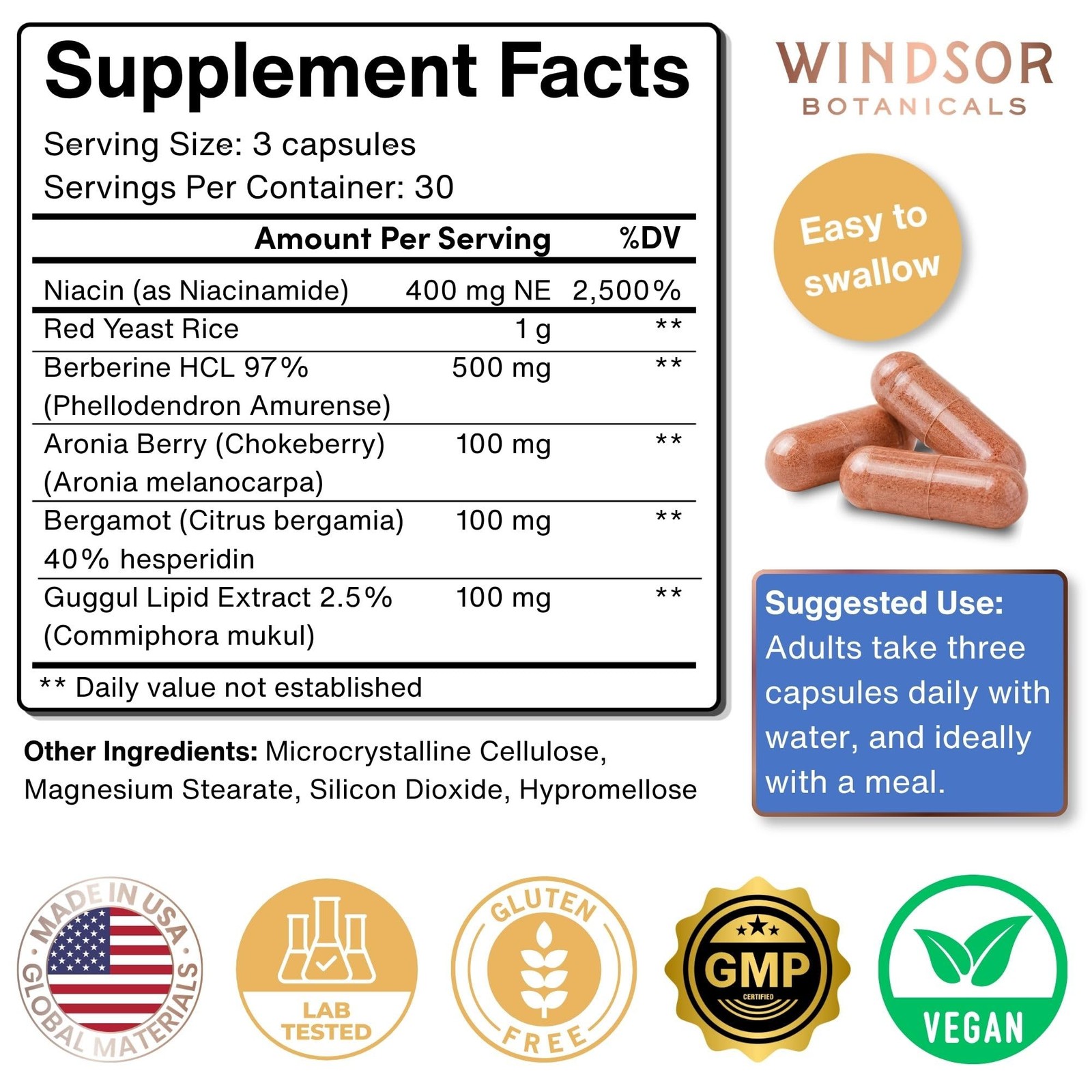 WINDSOR BOTANICALS Cholesterol Supplements – Citrus Bergamot, Niacin, Red Yeast