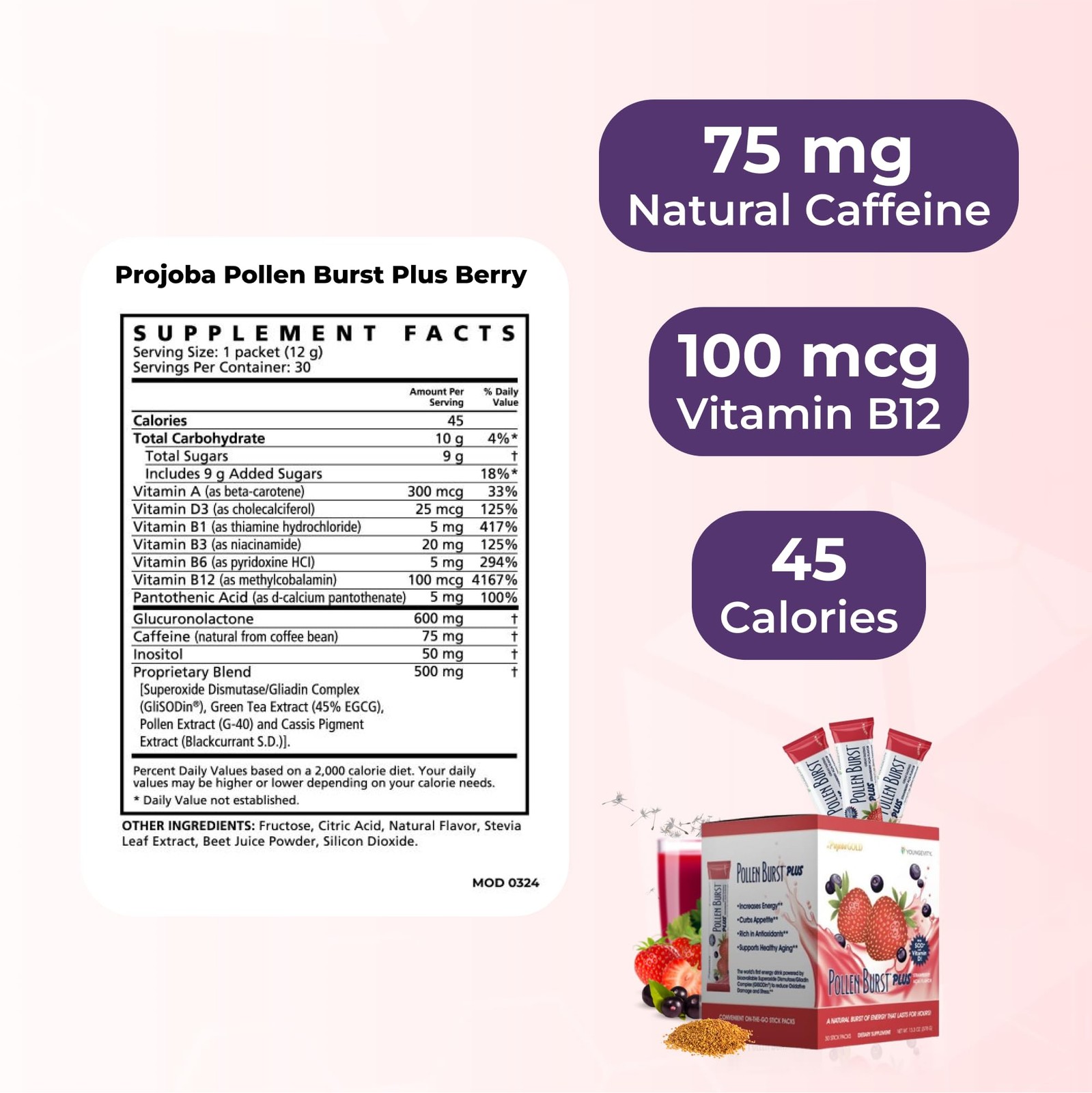 Youngevity Pollen Burst Energy Drink Strawberry Acai 30 Count Box