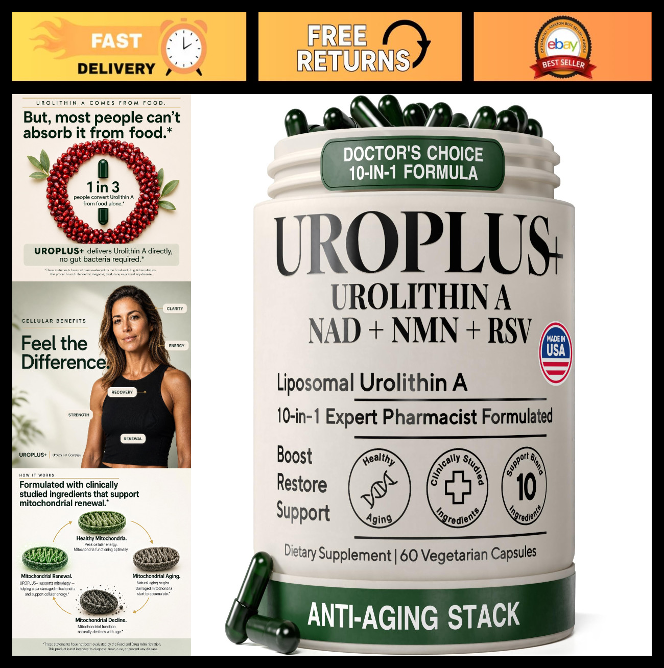 Liposomal Urolithin A 1250mg Complex with NAD+, NMD & Resveratrol – Energy, Cell