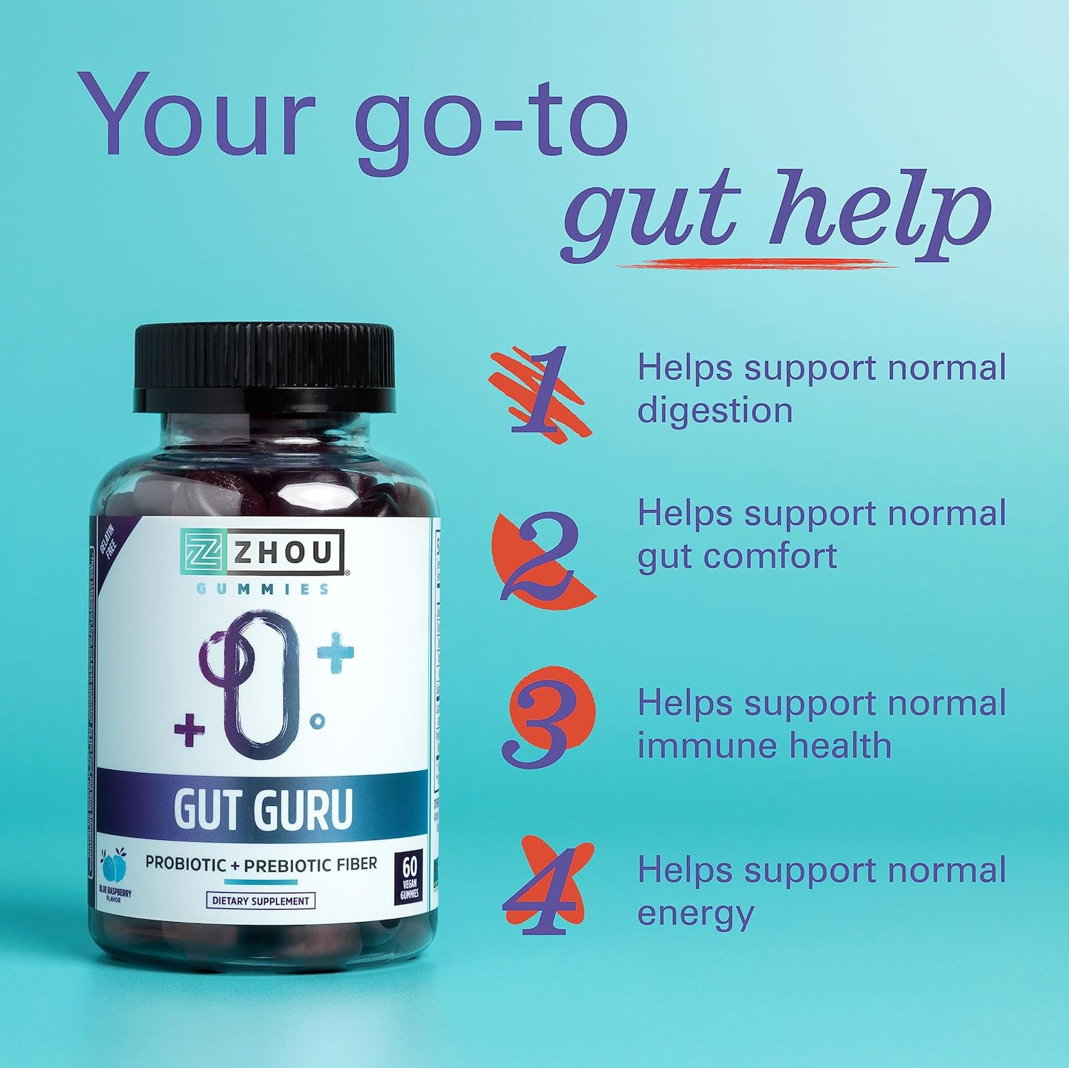 ZHOU Nutrition Gut Guru Prebiotics and Probiotics for Women and Men, 2 in 1 Prob