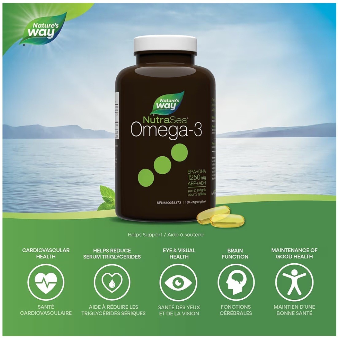 Nature’s Way NutraSea Omega-3 Softgels 150 Count 1250mg EPA+DHA Fish Oil