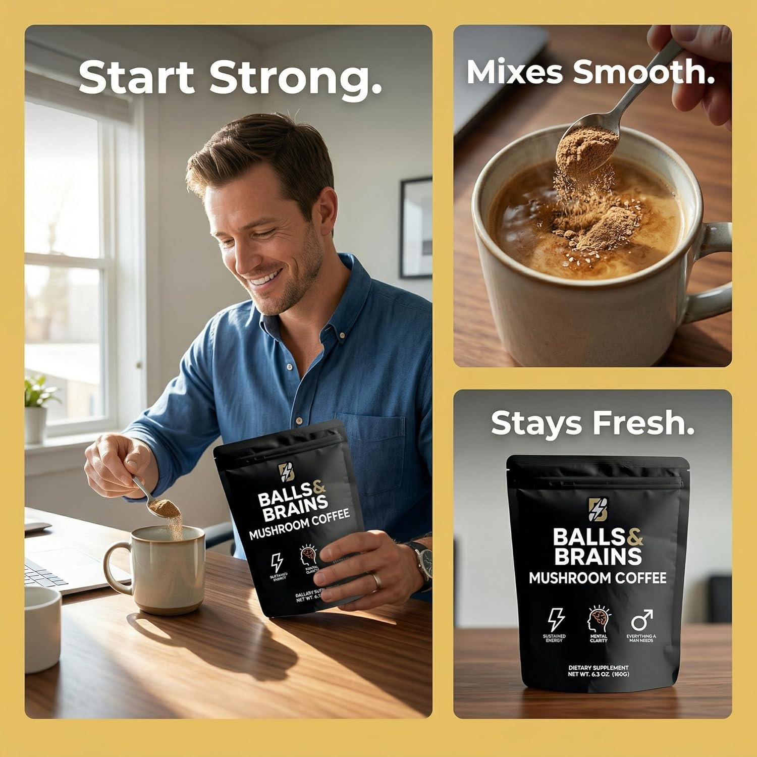 Balls n Brains Mushroom Coffee – Instant Coffee with Men’s Herbal Energy, Suppor