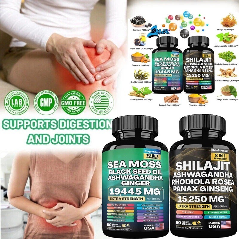 Sea Moss and Shilajit Bundle, Sea Moss 7000mg, Black Seed Oil 4000mg, Ashwagandh