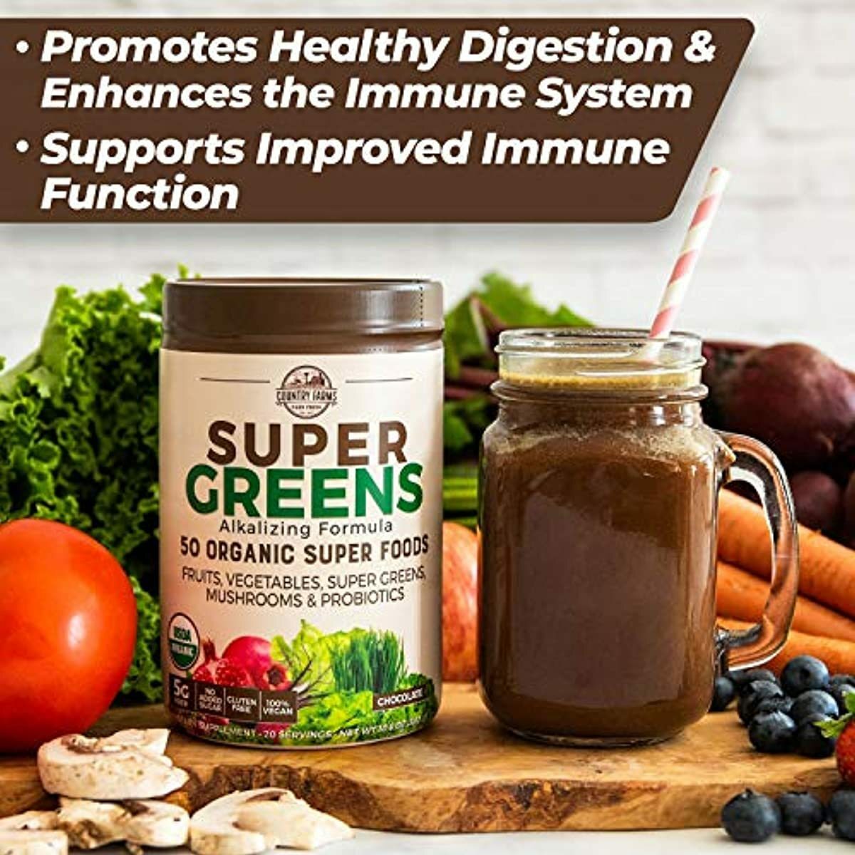 Country Farms Super Greens Chocolate Flavor, 50 Organic Super Foods, 10.6 Ounce