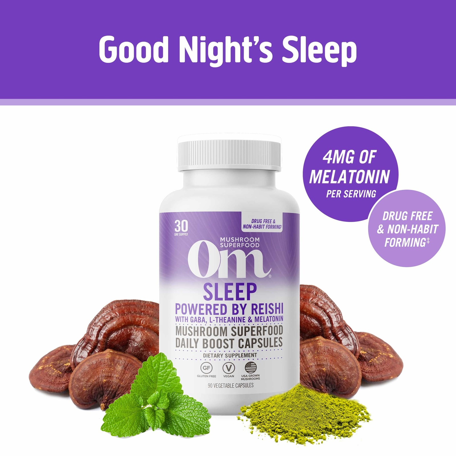 Om Mushroom Superfood Sleep Capsules 90 Count Melatonin Reishi L Theanine