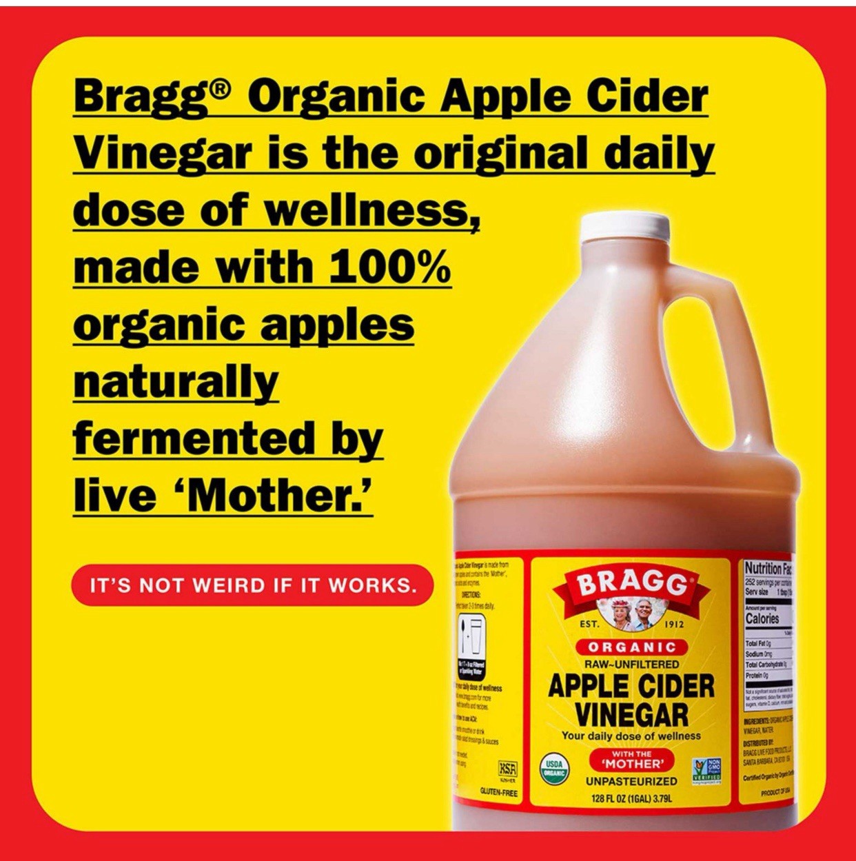 Bragg Organic Apple Cider Vinegar~Raw/Unfiltered/All Natural ~128 fl.oz./1 Gal.