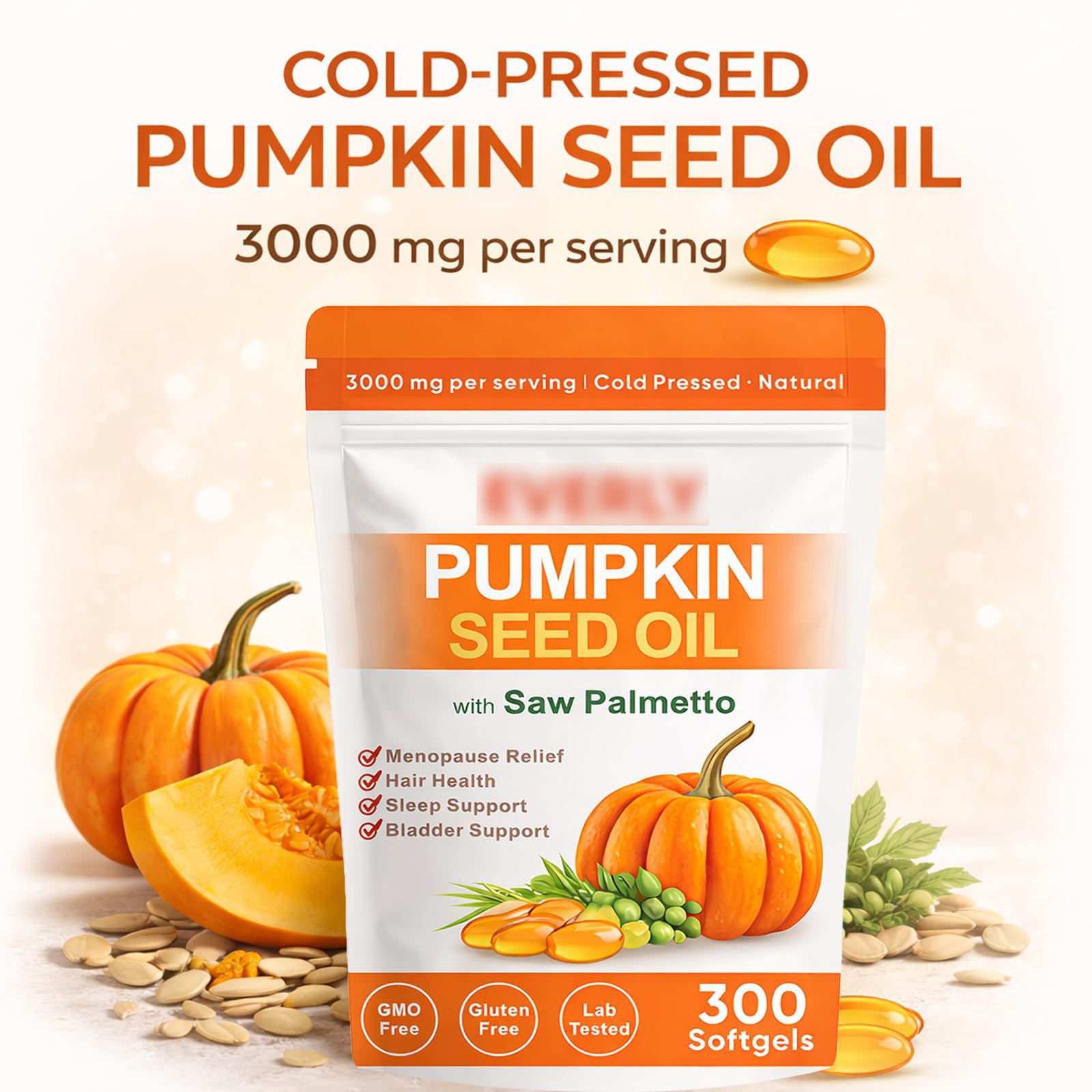 Everly Pumpkin Seed Oil with Saw Palmetto, Cold Pressed Pumpkin Seed oil,300ct