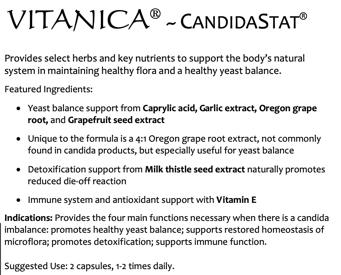 Vitanica CANDIDASTAT Yeast Balance Supplement & Support 120 VEGAN CAPSULES