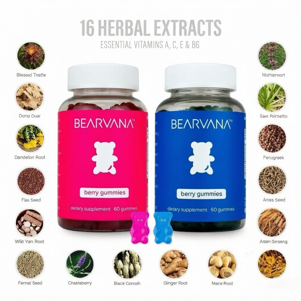 Bearvana Women Men Herbal Gummy Combo 16 Extracts Vitamin A C E Berry 120ct