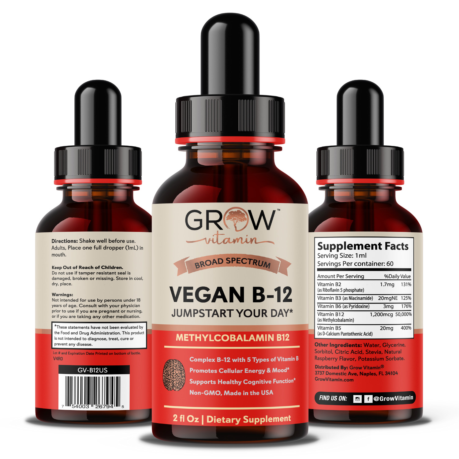 Vegan Vitamin B12 Sublingual Liquid Drops by Grow Vitamin NATURAL CHERRY FLAVOR