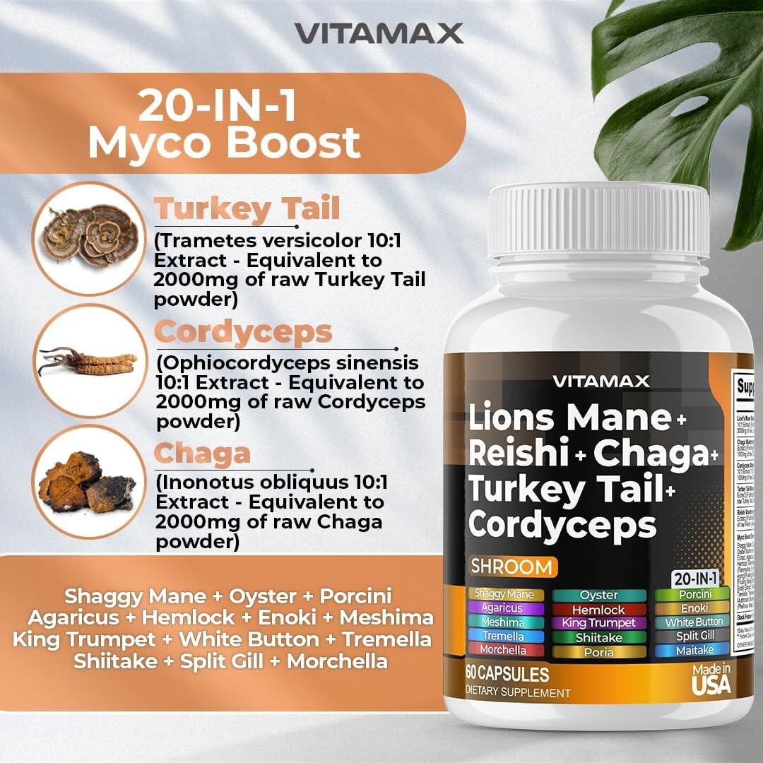 Lions Mane Mushroom 3000mg Turkey Tail 2000mg – 60 Ct. (Pack of 1)