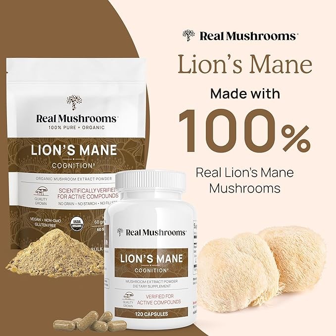 Real Mushrooms Organic Lions Mane Mushroom Capsules 120 Count Exp 02/2027