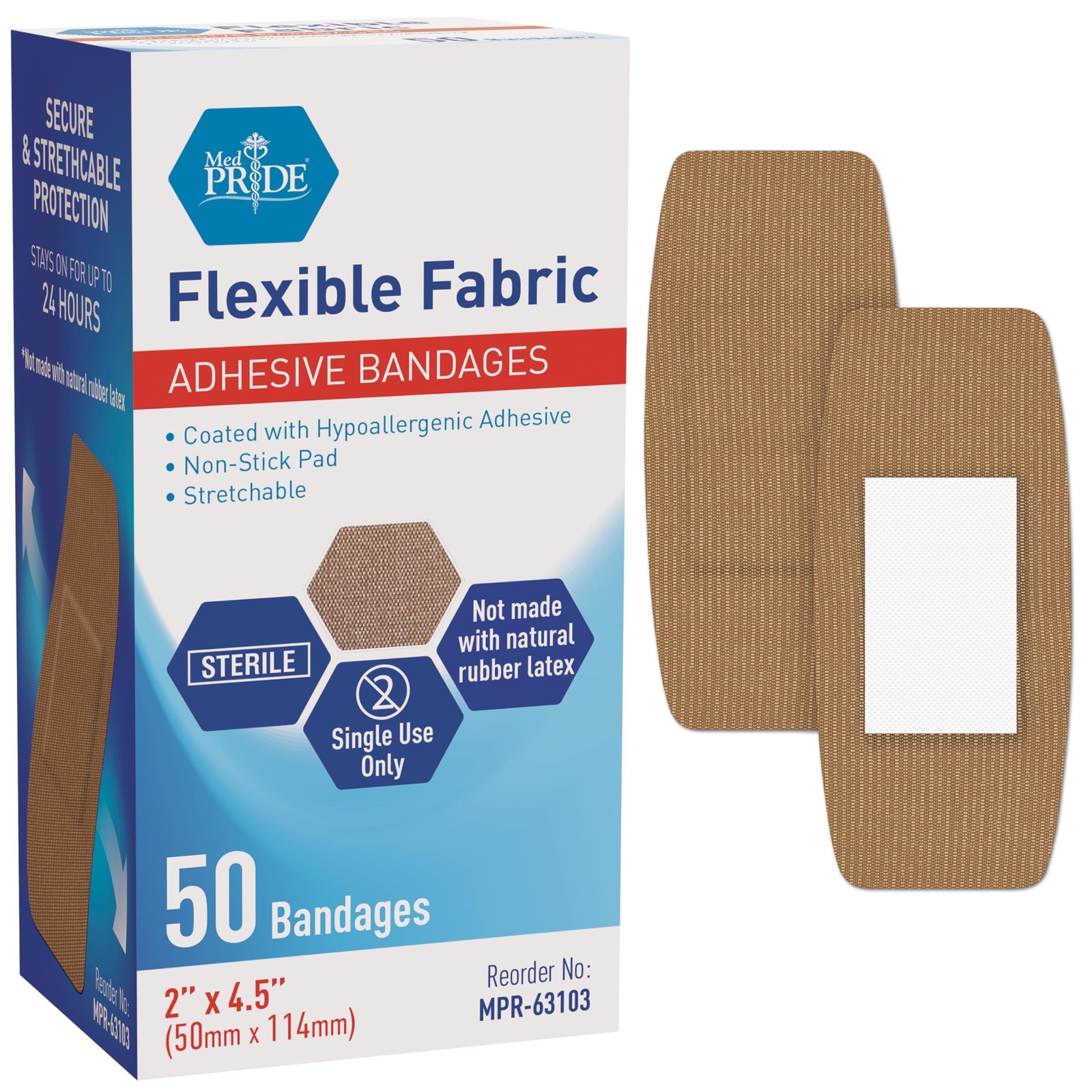 MED PRIDE Fabric Adhesive Bandages,Hypoallergenic,Latex-Free,2×4.5 in,50-Ct