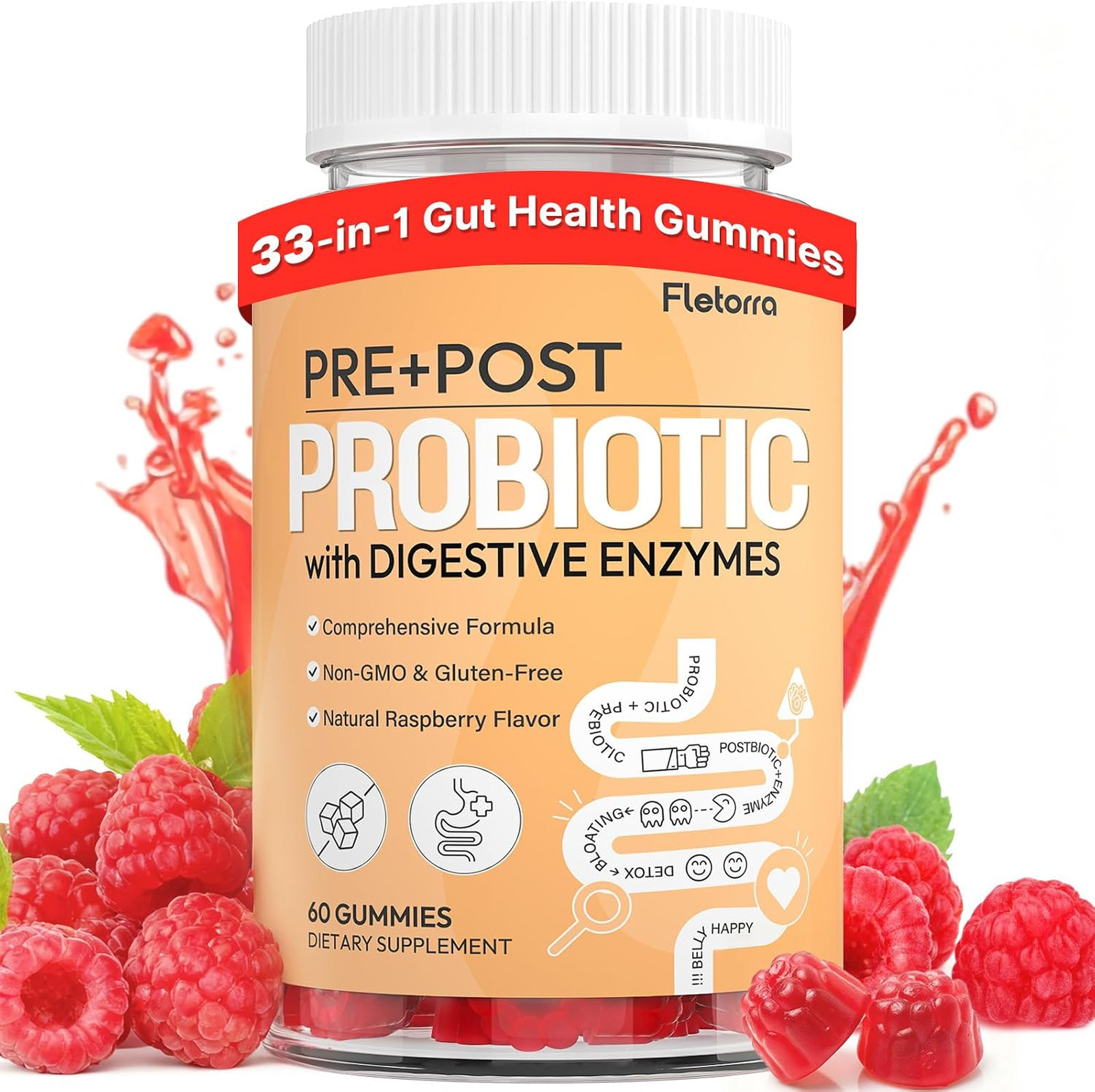 Probiotic Gummies, Gut Health Supplements 60 Count, 5-in-1 Prebiotics and