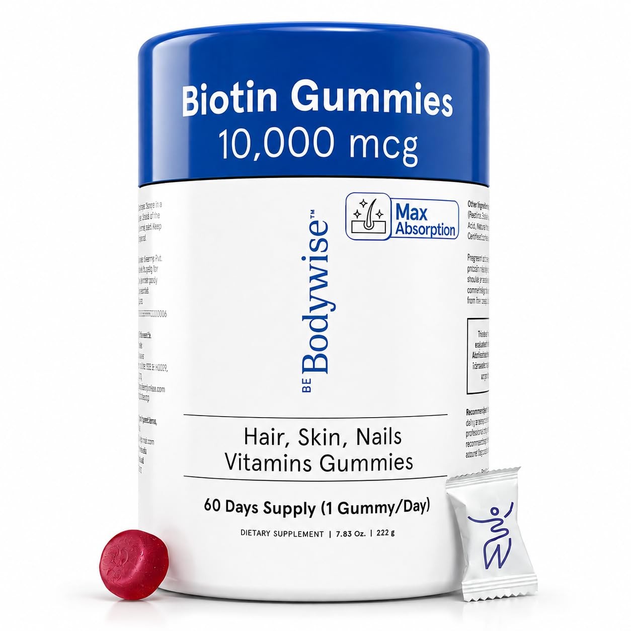 Be Bodywise Biotin 10000mcg Gummies | Hair 1 Count (Pack of 60), Unflavored